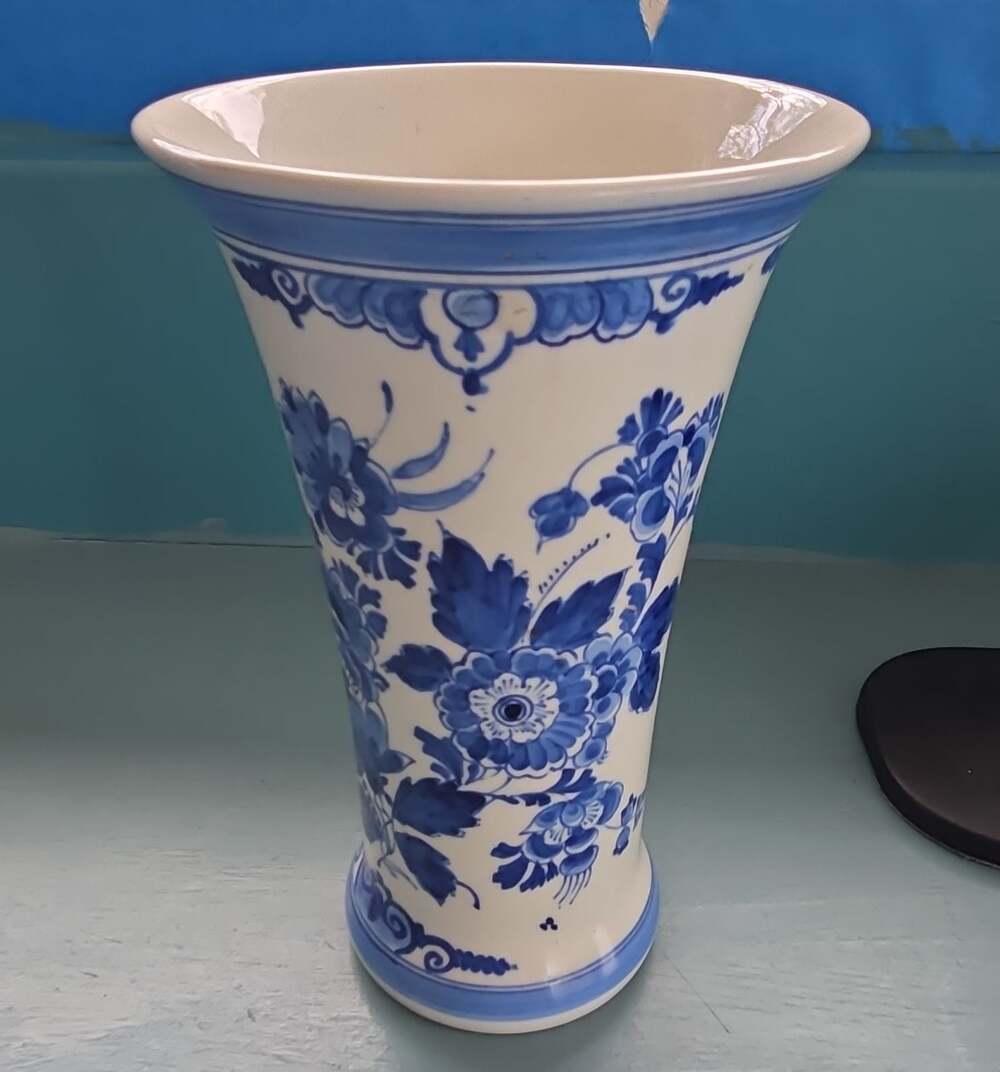 Vintage Royal Delft Blue and White Hand Painted Floral Ceramic Beaker Vase